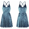 image:imageRVivimos Womens Crushed Velvet Spaghetti Straps Sexy V Neck Club Party Pleated Swing Skater DressBlue