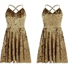 image:imageRVivimos Womens Crushed Velvet Spaghetti Straps Sexy V Neck Club Party Pleated Swing Skater DressBrown