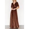 image:imageRVivimos Womens Fall Velvet Maxi Dress 2026 Short Sleeve V Neck Elegant Vintage Flowy Long DressesBrown