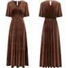image:imageRVivimos Womens Fall Velvet Maxi Dress 2026 Short Sleeve V Neck Elegant Vintage Flowy Long DressesBrown
