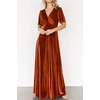 image:imageRVivimos Womens Fall Velvet Maxi Dress 2026 Short Sleeve V Neck Elegant Vintage Flowy Long DressesRust Brown
