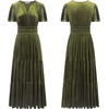 image:imageRVivimos Womens Fall Winter Vintage Velvet Dress Short Sleeve V Neck Elastic Waist Tiered Ruffle ALine Flowy Maxi DressArmygreen