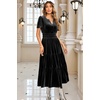 image:imageRVivimos Womens Fall Winter Vintage Velvet Dress Short Sleeve V Neck Elastic Waist Tiered Ruffle ALine Flowy Maxi DressBlack