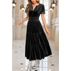 image:imageRVivimos Womens Fall Winter Vintage Velvet Dress Short Sleeve V Neck Elastic Waist Tiered Ruffle ALine Flowy Maxi DressBlack
