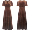 image:imageRVivimos Womens Fall Winter Vintage Velvet Dress Short Sleeve V Neck Elastic Waist Tiered Ruffle ALine Flowy Maxi DressBrown