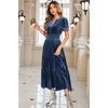 image:imageRVivimos Womens Fall Winter Vintage Velvet Dress Short Sleeve V Neck Elastic Waist Tiered Ruffle ALine Flowy Maxi DressDarkblue