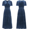 image:imageRVivimos Womens Fall Winter Vintage Velvet Dress Short Sleeve V Neck Elastic Waist Tiered Ruffle ALine Flowy Maxi DressDarkblue