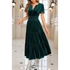 image:imageRVivimos Womens Fall Winter Vintage Velvet Dress Short Sleeve V Neck Elastic Waist Tiered Ruffle ALine Flowy Maxi DressDarkgreen