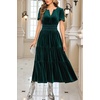 image:imageRVivimos Womens Fall Winter Vintage Velvet Dress Short Sleeve V Neck Elastic Waist Tiered Ruffle ALine Flowy Maxi DressDarkgreen