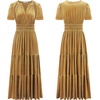 image:imageRVivimos Womens Fall Winter Vintage Velvet Dress Short Sleeve V Neck Elastic Waist Tiered Ruffle ALine Flowy Maxi DressGold