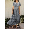 image:imageRVivimos Womens Fall Winter Vintage Velvet Dress Short Sleeve V Neck Elastic Waist Tiered Ruffle ALine Flowy Maxi DressGrey