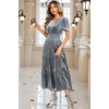 image:imageRVivimos Womens Fall Winter Vintage Velvet Dress Short Sleeve V Neck Elastic Waist Tiered Ruffle ALine Flowy Maxi DressGrey