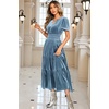 image:imageRVivimos Womens Fall Winter Vintage Velvet Dress Short Sleeve V Neck Elastic Waist Tiered Ruffle ALine Flowy Maxi DressHazeblue