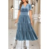 image:imageRVivimos Womens Fall Winter Vintage Velvet Dress Short Sleeve V Neck Elastic Waist Tiered Ruffle ALine Flowy Maxi DressHazeblue