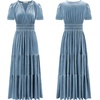 image:imageRVivimos Womens Fall Winter Vintage Velvet Dress Short Sleeve V Neck Elastic Waist Tiered Ruffle ALine Flowy Maxi DressHazeblue