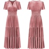 image:imageRVivimos Womens Fall Winter Vintage Velvet Dress Short Sleeve V Neck Elastic Waist Tiered Ruffle ALine Flowy Maxi DressPink