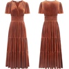 image:imageRVivimos Womens Fall Winter Vintage Velvet Dress Short Sleeve V Neck Elastic Waist Tiered Ruffle ALine Flowy Maxi DressRustbrown