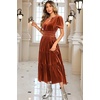 image:imageRVivimos Womens Fall Winter Vintage Velvet Dress Short Sleeve V Neck Elastic Waist Tiered Ruffle ALine Flowy Maxi DressRustbrown