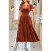 image:imageRVivimos Womens Fall Winter Vintage Velvet Dress Short Sleeve V Neck Elastic Waist Tiered Ruffle ALine Flowy Maxi DressRustbrown