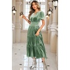 image:imageRVivimos Womens Fall Winter Vintage Velvet Dress Short Sleeve V Neck Elastic Waist Tiered Ruffle ALine Flowy Maxi DressSage Green