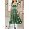 image:imageRVivimos Womens Fall Winter Vintage Velvet Dress Short Sleeve V Neck Elastic Waist Tiered Ruffle ALine Flowy Maxi DressSage Green