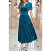 image:imageRVivimos Womens Fall Winter Vintage Velvet Dress Short Sleeve V Neck Elastic Waist Tiered Ruffle ALine Flowy Maxi DressTeal