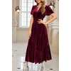 image:imageRVivimos Womens Fall Winter Vintage Velvet Dress Short Sleeve V Neck Elastic Waist Tiered Ruffle ALine Flowy Maxi DressWinered