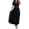image:imageRVivimos Womens Fall Winter Vintage Velvet Dress Short Sleeve V Neck Elastic Waist Tiered Ruffle ALine Flowy Maxi DressBlack