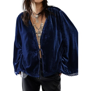 image:imageRVivimos Womens Fall Velvet Casual Jackets Bell Long Sleeve Tie Front Lace Trim Loose Vintage Kimono Cardigan Short CoatNavy Blue