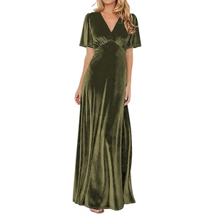 image:imageRVivimos Womens Fall Velvet Maxi Dress 2026 Short Sleeve V Neck Elegant Vintage Flowy Long DressesArmy Green
