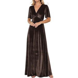 image:imageRVivimos Womens Fall Velvet Maxi Dress 2026 Short Sleeve V Neck Elegant Vintage Flowy Long DressesDark Brown