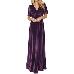 image:imageRVivimos Womens Fall Velvet Maxi Dress 2026 Short Sleeve V Neck Elegant Vintage Flowy Long DressesDark Purple