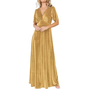 image:imageRVivimos Womens Fall Velvet Maxi Dress 2026 Short Sleeve V Neck Elegant Vintage Flowy Long DressesGold