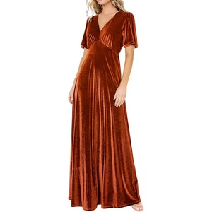 image:imageRVivimos Womens Fall Velvet Maxi Dress 2026 Short Sleeve V Neck Elegant Vintage Flowy Long DressesRust Brown