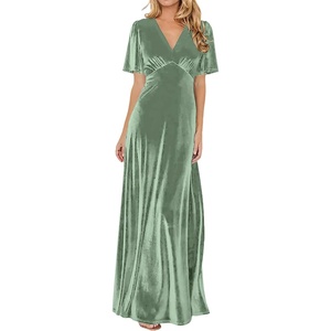 image:imageRVivimos Womens Fall Velvet Maxi Dress 2026 Short Sleeve V Neck Elegant Vintage Flowy Long DressesSage Green