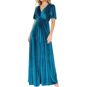 image:imageRVivimos Womens Fall Velvet Maxi Dress 2026 Short Sleeve V Neck Elegant Vintage Flowy Long DressesTeal