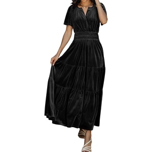 image:imageRVivimos Womens Fall Winter Vintage Velvet Dress Short Sleeve V Neck Elastic Waist Tiered Ruffle ALine Flowy Maxi DressBlack