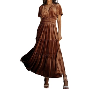 image:imageRVivimos Womens Fall Winter Vintage Velvet Dress Short Sleeve V Neck Elastic Waist Tiered Ruffle ALine Flowy Maxi DressBrown