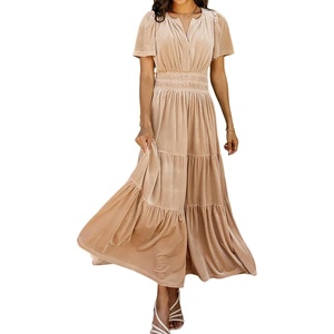 image:imageRVivimos Womens Fall Winter Vintage Velvet Dress Short Sleeve V Neck Elastic Waist Tiered Ruffle ALine Flowy Maxi DressChampagne