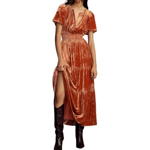 image:imageRVivimos Womens Fall Winter Vintage Velvet Dress Short Sleeve V Neck Elastic Waist Tiered Ruffle ALine Flowy Maxi DressCrushedburntorange