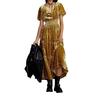 image:imageRVivimos Womens Fall Winter Vintage Velvet Dress Short Sleeve V Neck Elastic Waist Tiered Ruffle ALine Flowy Maxi DressCrushedgold