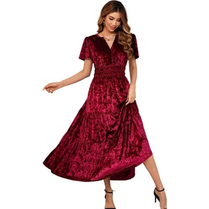 image:imageRVivimos Womens Fall Winter Vintage Velvet Dress Short Sleeve V Neck Elastic Waist Tiered Ruffle ALine Flowy Maxi DressCrushedwinered
