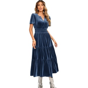 image:imageRVivimos Womens Fall Winter Vintage Velvet Dress Short Sleeve V Neck Elastic Waist Tiered Ruffle ALine Flowy Maxi DressDarkblue