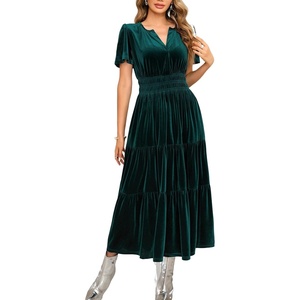 image:imageRVivimos Womens Fall Winter Vintage Velvet Dress Short Sleeve V Neck Elastic Waist Tiered Ruffle ALine Flowy Maxi DressDarkgreen