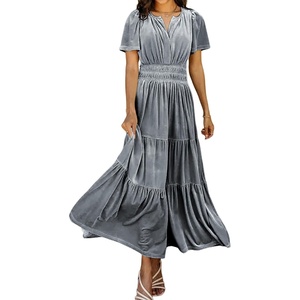 image:imageRVivimos Womens Fall Winter Vintage Velvet Dress Short Sleeve V Neck Elastic Waist Tiered Ruffle ALine Flowy Maxi DressGrey