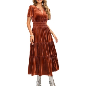 image:imageRVivimos Womens Fall Winter Vintage Velvet Dress Short Sleeve V Neck Elastic Waist Tiered Ruffle ALine Flowy Maxi DressRustbrown
