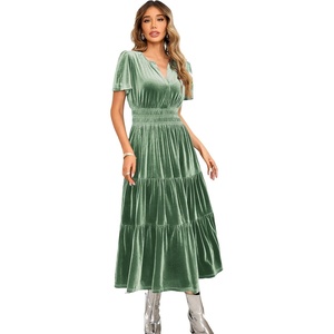 image:imageRVivimos Womens Fall Winter Vintage Velvet Dress Short Sleeve V Neck Elastic Waist Tiered Ruffle ALine Flowy Maxi DressSage Green
