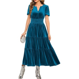 image:imageRVivimos Womens Fall Winter Vintage Velvet Dress Short Sleeve V Neck Elastic Waist Tiered Ruffle ALine Flowy Maxi DressTeal