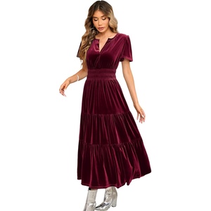 image:imageRVivimos Womens Fall Winter Vintage Velvet Dress Short Sleeve V Neck Elastic Waist Tiered Ruffle ALine Flowy Maxi DressWinered