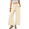 image:imageRVivimos Cotton Casual Wide Leg Pants for Women Stretchy High Waisted Comfy Flowy Cropped Palazzo Pants with PocketsBeige